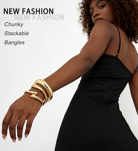 Chunky Gold Bangle Bracelets for Women, Dainty 14k Gold Plated Big Stackable Bangles Set, Trendy Statement Cuff Bracelet Stack Summer Beach Jewelry Gifts - style: Gold
