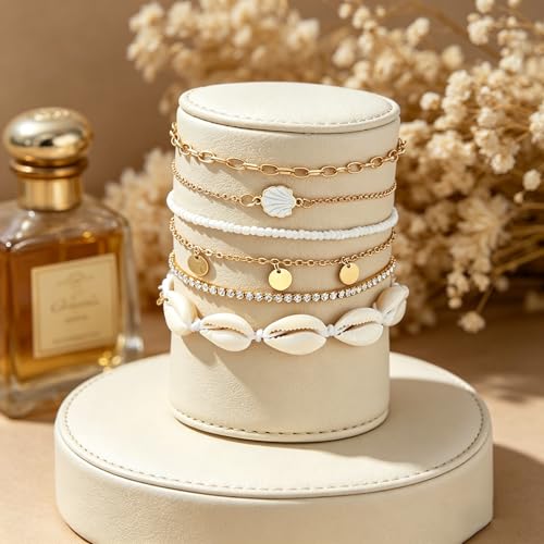 Beach shell sea star sea bead anklet set for Women, adjustable gold-plated Bohemian shell bracelet for ankle Fashion Layered anklet - color: Shell Disc 6Pcs