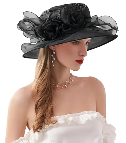 ORIDOOR Women’s Organza Church Tea Party Wedding Fascinator Derby Hat Wide Brim Sun Hats - color: D6-black