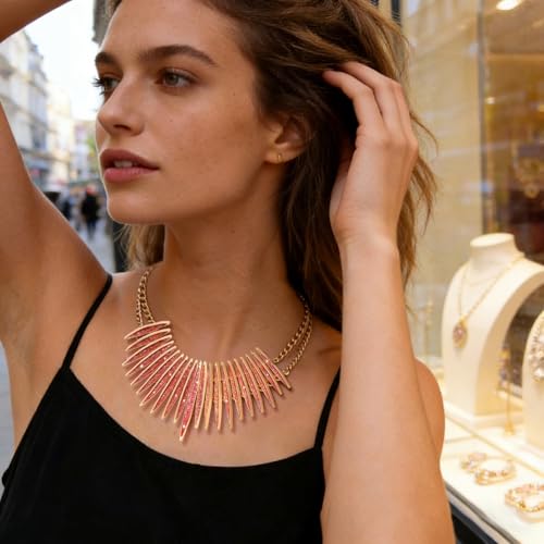 MOLOCH Sparkling Druzy Leaf Choker Necklace Fashion Gold-Tone Collar Necklace Bib Statement Chunky Tribal Necklace Woman Jewelry - color: Light pink