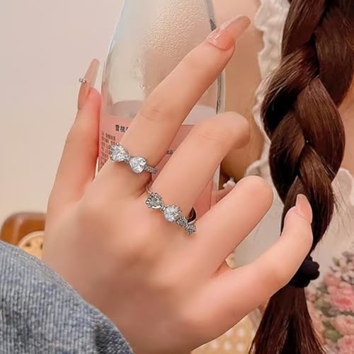 Bow Ring Set for Women Silver Stacking Adjustable Pink Heart Bow Rings Stacking Boho Statement Wedding Engagement Ring Anniversary Birthday Gifts - color: B