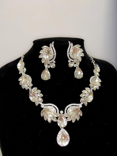 Women Jewelry Set Rhinestone Crystal Bride Statement Choker Necklace Teardrop Cluster Dangle Earrings Set for Wedding Prom Party - color: Silver