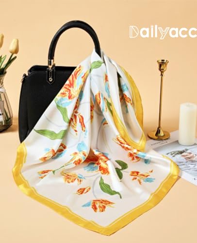Dailyacc Hair Bandanas Scarf For Women Lightweight Fashion Neck Silk Satin Head Scarves For Sleeping Handbags Scarf - color: 15-yellow Flowers/27.5*27.5in