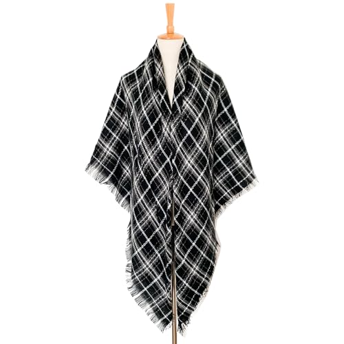 Wander Agio Womens Warm Long Shawl Winter Wraps Large Scarves Knit Cashmere Feel Plaid Triangle Scarf - color: Fichu Black Grey 39