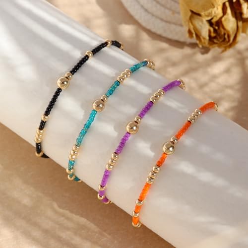 Gold Beaded Stackable Friendship Bracelets Set for Women, Handmade Boho Stretch Summer Jewelry Gift. - color: gold orange purple black blue