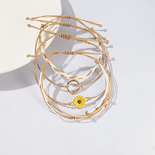 FANCY SHINY Easter Gifts Basket Stuffers Sunflower String Bracelet Boho Braided Rope Wrap Bracelets Cute Summer Beach Surfer Jewelry for Women - color: Sand