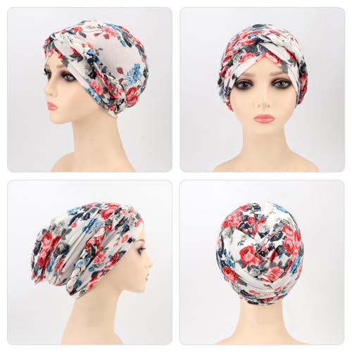 African Women Turban Caps Beanie Pre-Tied Twisted Braids Headwraps for Women Head Scarf Chemo Cancer Headwear Cap - color: 3 Pack Twisted Braid A: Floral Color H