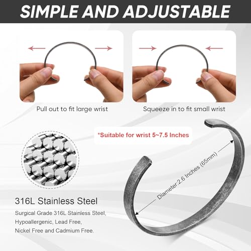 MEALGUET Stainless Steel Mens Cuff Bracelet : Minimal Cool Silver/Black/Gold Plated Open Metal Cuff Bangle Bracelets for Men,Mens Bracelet Jewelry Gift - color: Antique Grey-Single, size: Medium( fit 5.5"-7.2" wrist)