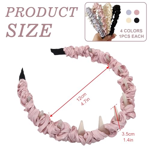 4 Pcs Satin Headbands with Teeth for Women, Non-Slip Comb Hairbands, Ruched Scrunchie Hard Head Bands, Elegant Pleated Hair Accessories for Washing Face & Daily Wear - color: Ruched comb