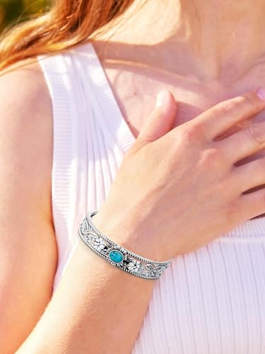 Genuine Turquoise Bracelet Cuff Bracelet for Women Mom 925 Sterling Silver Natural Turquoise Bangles Vintage Bracelet Boho Jewelry for Birthday Christmas Mother's Day Valentine's Day - style: Flower and Leaf