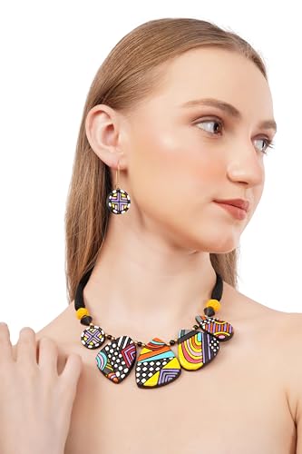 Bold Multicolor Geometric Terracotta Jewelry Set Hand-Painted Clay Necklace with Earrings | Artisan Handmade Statement Boho Jewelry for Women | Gift for Her - color: Boho Brunch