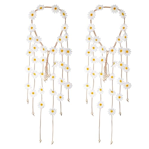 Sucrain 2pcs Flower Hippie Headband Floral Crown Summer Sunflower Hair Accessories for 70 s Bohemian Costumes Style for Women(White+White) - color: White+White