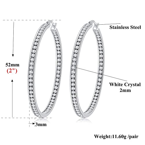 CiNily Mult-colors Crystal Stainless Steel Hoop Earring for Women Hypoallergenic Jewelry for Sensitive Ears Large Big Hoop Earrings 2" - color: Clear White