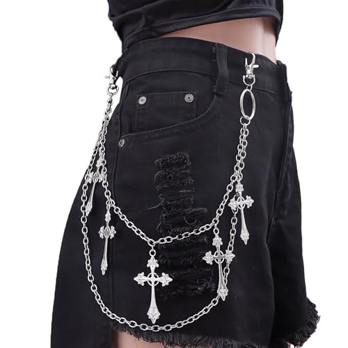 Layered Pants Chain for Men Women Punk Chain Hip Hop Jewelry Clothing Accessories Vintage Jeans Chains - style: Silver two layered five crosses