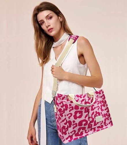 Large Canvas Tote Bag for Women Work Tote Bags with Pockets Laptop Crossbody Purses Everyday Bag Handbags for Travel - color: New Upgrade Plus Leopard Pink
