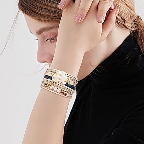 Leather Wrap Bracelet Set 3Pack Wrist Cuff Bracelet for Women Multilayer Magnetic Clasp Bracelet Feather Tree Bead Crystal Bracelet - color: Pearl Love