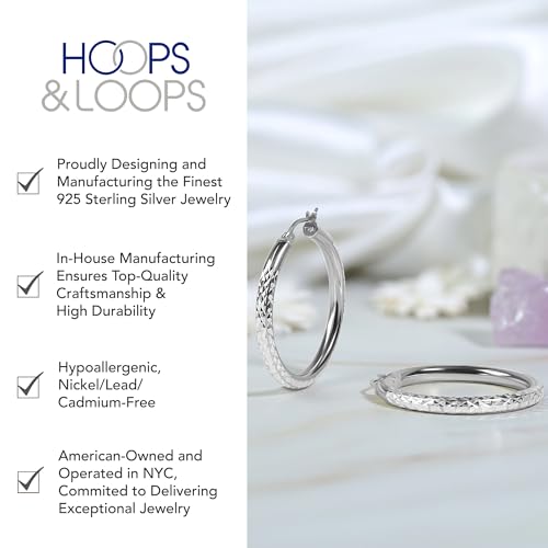 Hoops & Loops 925 Sterling Silver Diamond-Cut Round Hoop Textured 3mm Click-Top Earrings for Women, Slver, Two-Tone 14K Yellow Gold Flash Plate 15/20/25/30/35/40/45/50mm Hoops - color: Silver, size: 15mm (0.59'')