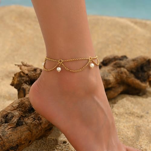 Gold Ankle Bracelets for Women 18K Gold Plated Waterproof Starfish Sea Shell Pearls CZ Diamond Dangle Anklets Trendy Summer Beach Foot Chain Jewelry Gift - style: 4 Pearls Drop-Gold