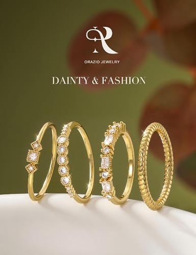 ORAZIO 14K Gold Plated Stackable Rings for Women Non Tarnish Dainty Cubic Zirconia Wedding Engagement Bands Ring Set Minimalist Trendy Statement Anniversary Promise Thumb Stacking Rings Size 6-10 - color: White CZ-Gold Tone