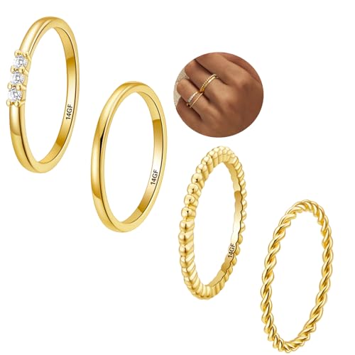 WEDDINEN 4PC Gold Rings for Women, S925 Sterling Silver 14k Gold Filled Plated Stackable Thin Thumb Ring Set Cubic Zirconia Dainty Stack Gold Knuckle Rings Set Size 6-10 - color: Gold, size: 9