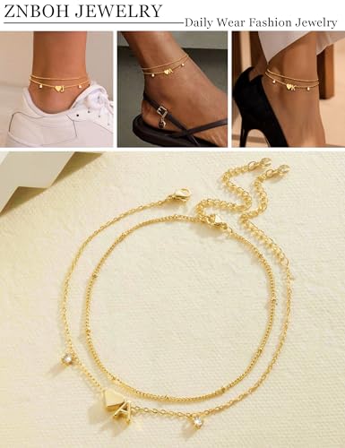 Silver Ankle Bracelets For Women 14k Gold Plated Initial Anklets For Women Waterproof Non Tarnish Dainty Layered CZ Letter A-Z Heart Charm Anklet Set Summer Beach Foot Chain Jewelry Gift - color: Gold