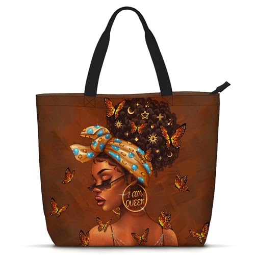 African American Women Tote Bag Black Shoulder Handbag For Women Fit Work Beach Labtops With Zip - color: Black Women 9