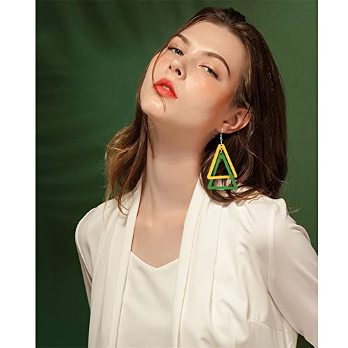 ANXIN Boho Personality Retro Tassel Rectangular Wooden Contrasting colors Earrings Chic Green Temperament Geometric Earrings Jewelry Gifts For Women - color: YELLOW GREEN Wooden colors Earrings