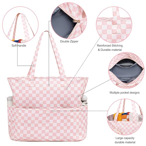 Bluboon Waterproof Beach Tote Pool Bags for Women Ladies Extra Large Carry On Bag With Wet Compartment for Weekender Travel - color: Checked Pink White