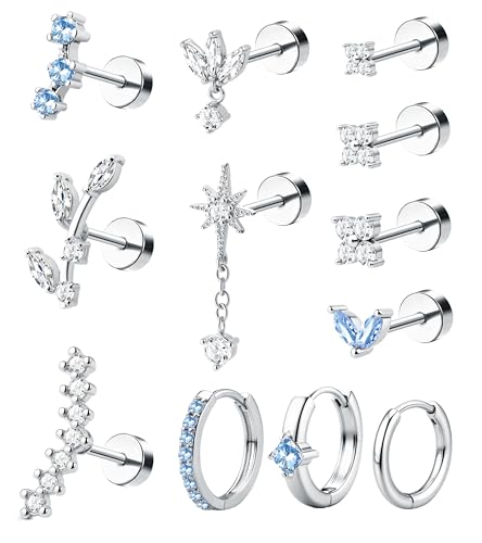 ORAZIO 16 Gauge Cartilage Earrings for Women Flat Back Hypoallergenic Surgical Steel Small Flatback Stud Hoop Cartilage Earring Stack Set Daith Conch Tragus Helix Piercing Jewelry Single PC - color: Silver Plated+Blue CZ