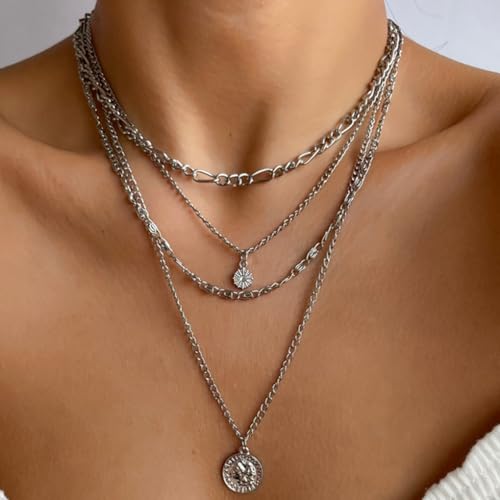 GIGB PBDK Layered Necklaces for Women Dainty 14K Gold Coin Sun Pendant Necklace Exaggerated Stackable Figaro Choker Necklace Trendy Birthday Jewelry Presents - color: Silver