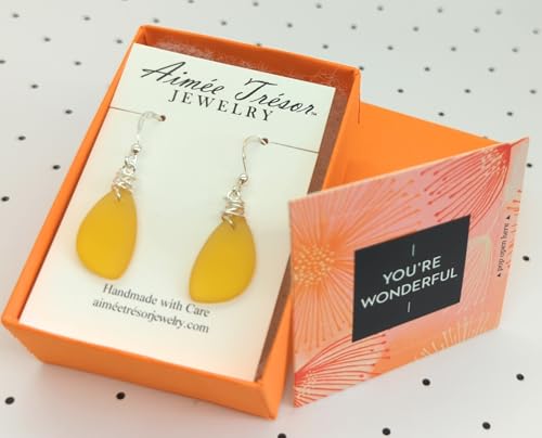 Popular Recycled Sea Glass Earrings on Sterling Silver Hooks - color: Yellow 2
