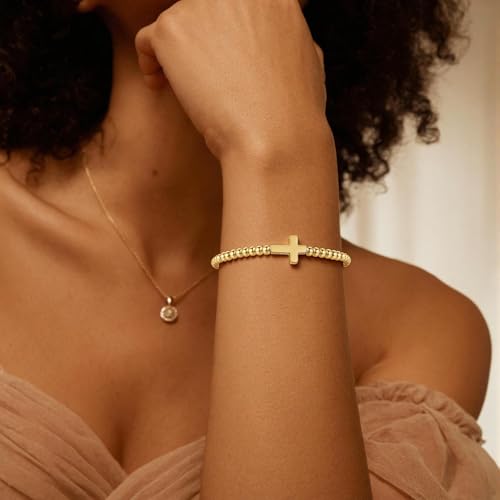 Elastic Beaded Charm Bracelets for Women - Adjustable Stackable Dainty Bracelet with Gold or Silver Charms, Jewelry Gift for Her - style: Gold-Cross