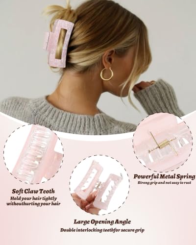 4Pcs Large Acrylic Hair Claw Clips, Nonslip Cute Hair Clips for Thick Hair and Long Hair, Rectangle Marble Claw Clips Hair Accessories for Women and Girls - color: White + Pink + Blue + Cyan