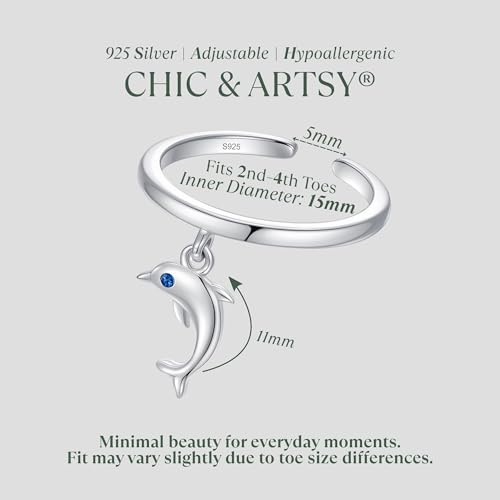 CHIC & ARTSY 925 Sterling Silver Open Toe Ring for Women - Lightweight Comfortable Yoga Toe Rings, Adjustable Stackable Toe Rings, Boho Coastal Vacation Beach Foot Jewellery - color: Dolphin