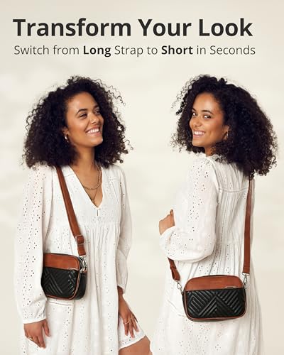 Vantamo Premium Quilted Crossbody Bags for Women with Anti-Pickpocket Clip, Vegan Leather Handbags, Travel Purses for Women - color: Black & Brown With Faux Leather Strap