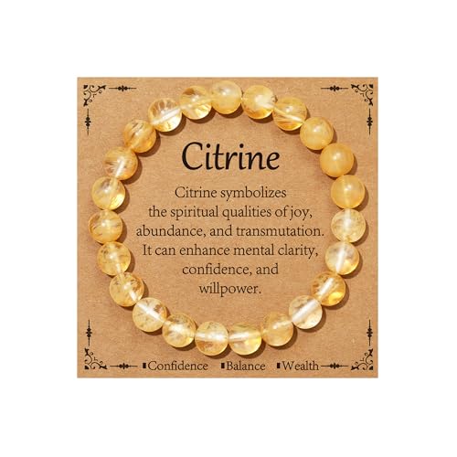 Gnamy Healing Crystal Bracelet for Women, Natural Stone Beaded Healing Crystal Bracelet Triple Protection Stress Relief Beads Jewelry Birthday Gifts Jewelry for Her - style: Citrine