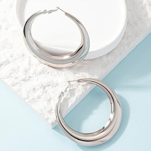 Chunky Gold Large Hoop Earrings for Women, Dainty 14K Gold Big Circle Round Statement Earrings Silver Trendy Thick Hoops Ear Jewelry for Anniversary - color: Silver