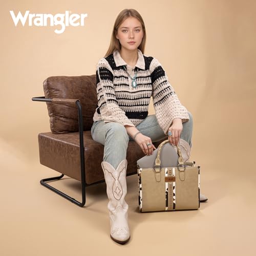 Montana West Wrangler Animal Print Tote Bag for Women Western Purse Boho Top Handle Satchel Handbag - color: Cow Khaki