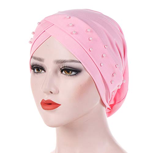 Women Beaded Silky Beanie, Pre-Tied Turban Head Wrap Cap for Chemo Chemical Cancer Hair Loss Cover Hat - color: Pink