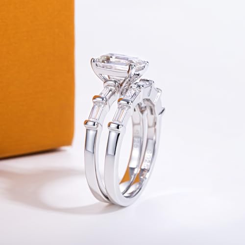 Oval/Pear/Cushion Cut Moissanite Wedding Ring Set D Color VVS1 Clarity 925 Sterling Silver Engagement Promise Anniversary Rings Bridal Sets for Women with Certificate - style: 3.8cttw Emerald Cut