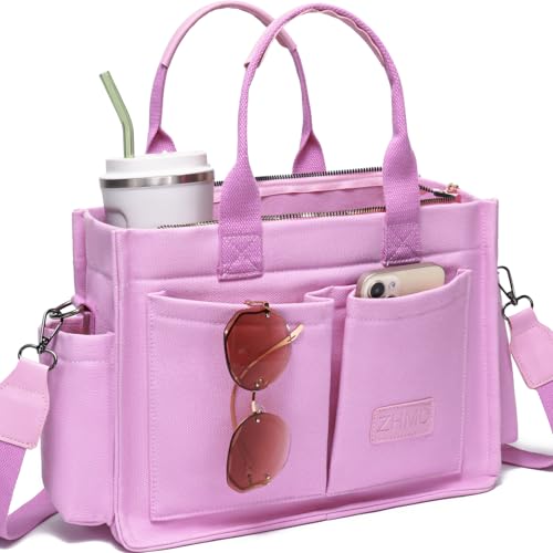 ZHMO Canvas Tote Bag for Women,Women's Bags Crossbody Bags Work Laptop Tote Bag Large Handbags Purse for Travel Nurse Teacher - color: New Upgrade Plus Pink With Compartments and Inner Cup Holders