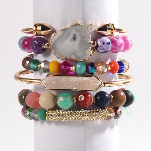 Yomisa 5PCS 6PCS Natural Boho Beaded Bracelets/Bangle for Women Men,Healing Turquoise Jasper Agate Crystal Gemstone Stone Chakra Multilayer Wrap Bohemian Handmade Jewelry Beads Stretch Bracelet Set - color: 6PCS-Colorful