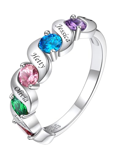Custom4U Personalized Mothers Ring with 1-5 Birthstones Names Engraved 925 Sterling Silver/14K White Gold Plated Birthstone Rings for Women Promise Ring Birthday Jewelry Gifts for Mom Grandmother Wife - color: 5 Birthstones Ring (Engraved)
