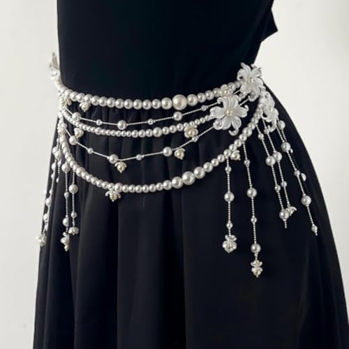 Multilayer Imitation Pearl Waist Chain for Women Trendy Waistband White Pearl Body Chain Long Tassel Pendant Waist Chain Wedding Bridal Dress Belt Fashion Trend Metal Chain Body Chain Jewelry - color: White Flowers