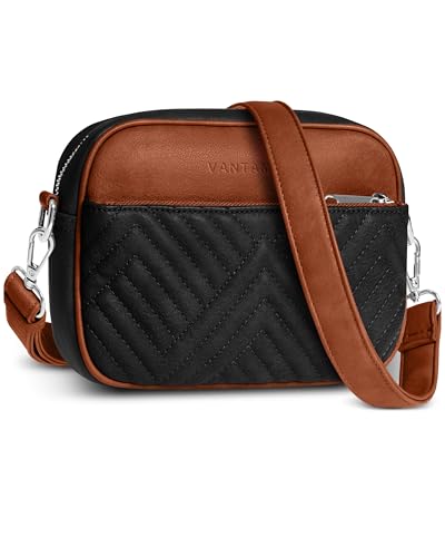 Vantamo Premium Quilted Crossbody Bags for Women with Anti-Pickpocket Clip, Vegan Leather Handbags, Travel Purses for Women - color: Black & Brown With Faux Leather Strap