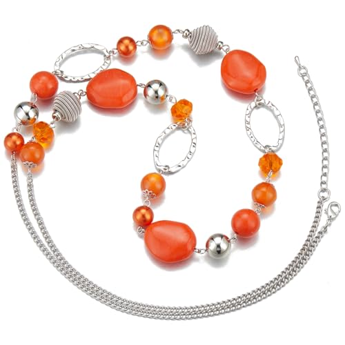 BULINLIN Beaded Long Necklace for Women Silver Sweater Chain Necklace with Crystal Resin Beads, Fashion Jewelry Necklace - color: Orange