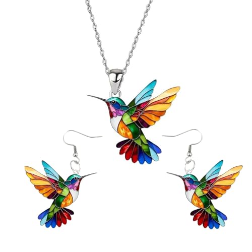 Hummingbird Necklace Earrings Set for Women Cute Colorful 2D Bird Pendant Necklace Acrylic Hypoallergenic Dangle Earrings Trendy Jewelry for Bird Lovers - color: Colorful