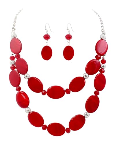 2 Layered Chunky Beaded Shell Necklace for Women Sea Shell blue/yellow/red/green/turquoise/teal/white Statement Necklace and Earring Set Elegant Women Necklace Set Jewelry Sets for Women - color: Red