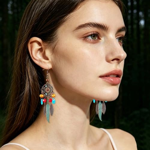 Boho Turquoise Drop Earrings Retro Long Copper Feather Tasse Metal Leaf Dangle Earrings Vintage Country Western Jewelry Cowgirl Ethnic Style Geometric Concert Festival Accessories for Women - color: Red Yellow