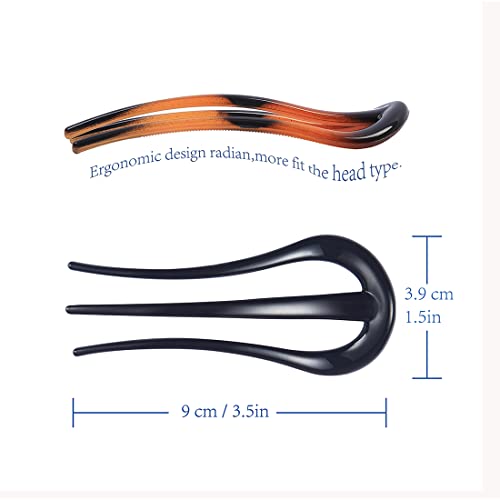 French Hair Forks Tortoise Shell W Shape Updo Hair Pins Clips for Thin Thick Hair, 3.5 inch Classic 3 Prong Bun Hair Sticks Chignon Women Vintage Hairstyle Accessories, 4 Count.